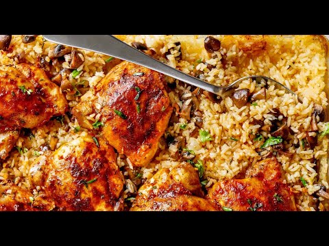 Oven Baked Chicken And Rice With Garlic Butter Mushrooms